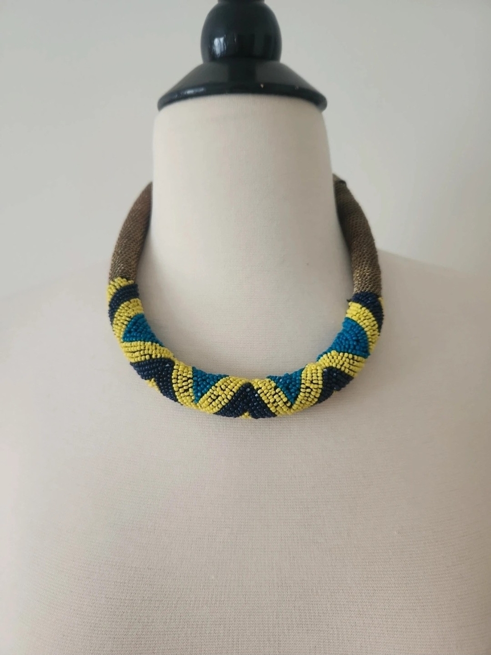Handcrafted Yellow, Teal & Navy Beaded Collar Necklace